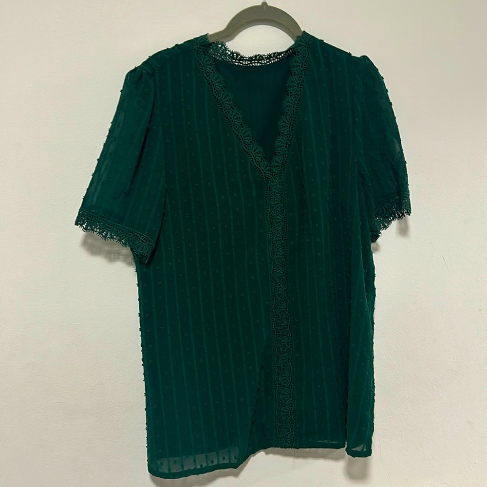 Green short sleeve V-neck lace blouse. Size large.